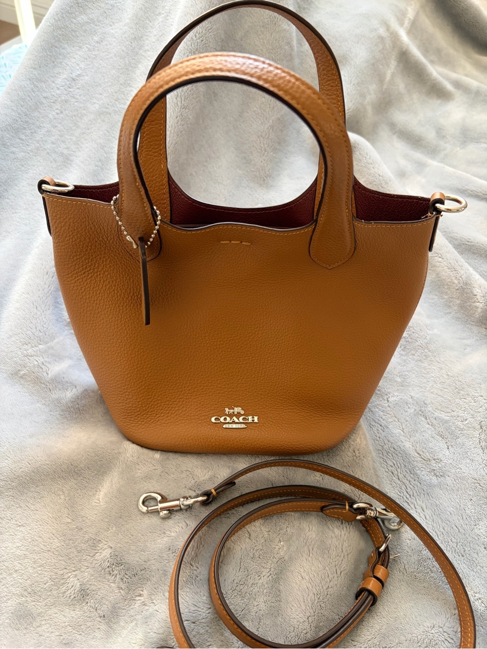 COACH Pebbled Leather Mini Tote in Camel Brown with Contrast Interior